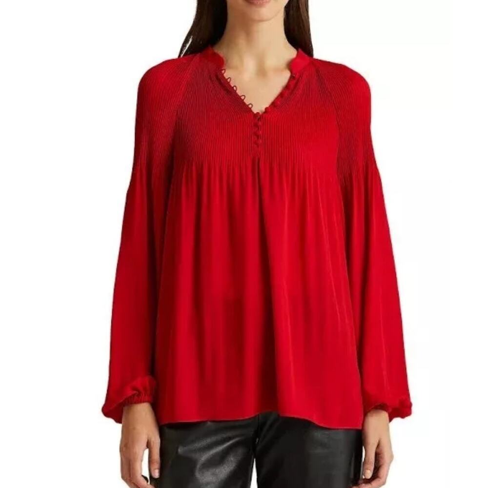 Lauren Ralph Lauren Pleated Georgette Blouson Sleeve Top Blouse Womens Plus 1X